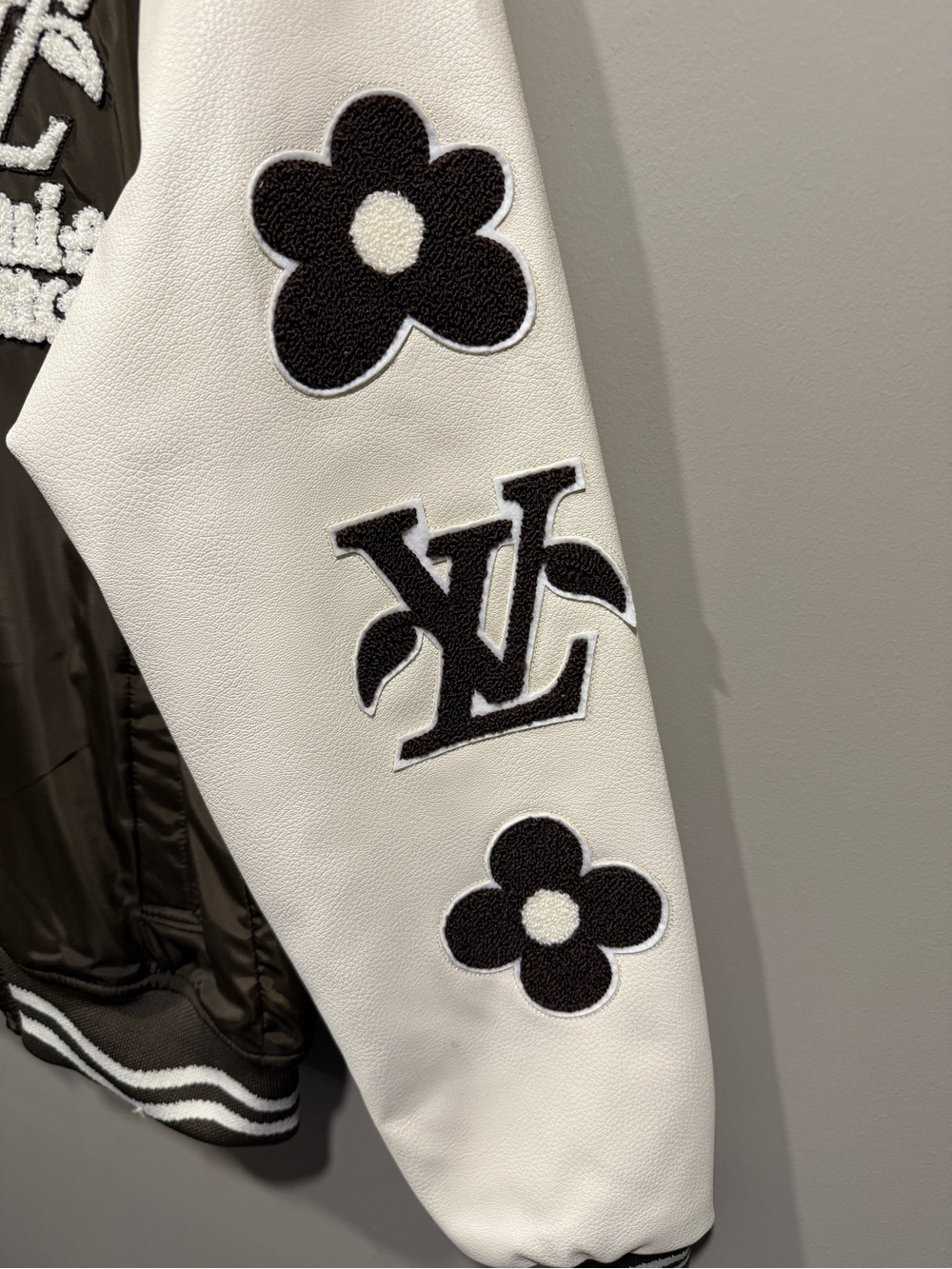 LV style designer Men's Brown and White leather Varsity Jacket - Picture 4 of 15